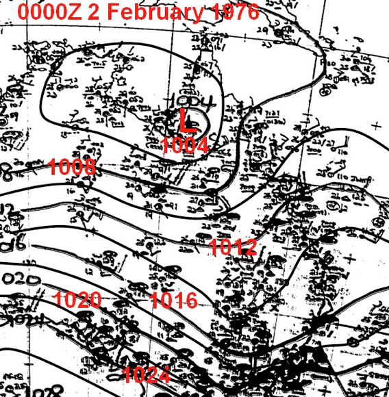 Cyclone Alan, 1976: mean sea level analysis 6 Feb